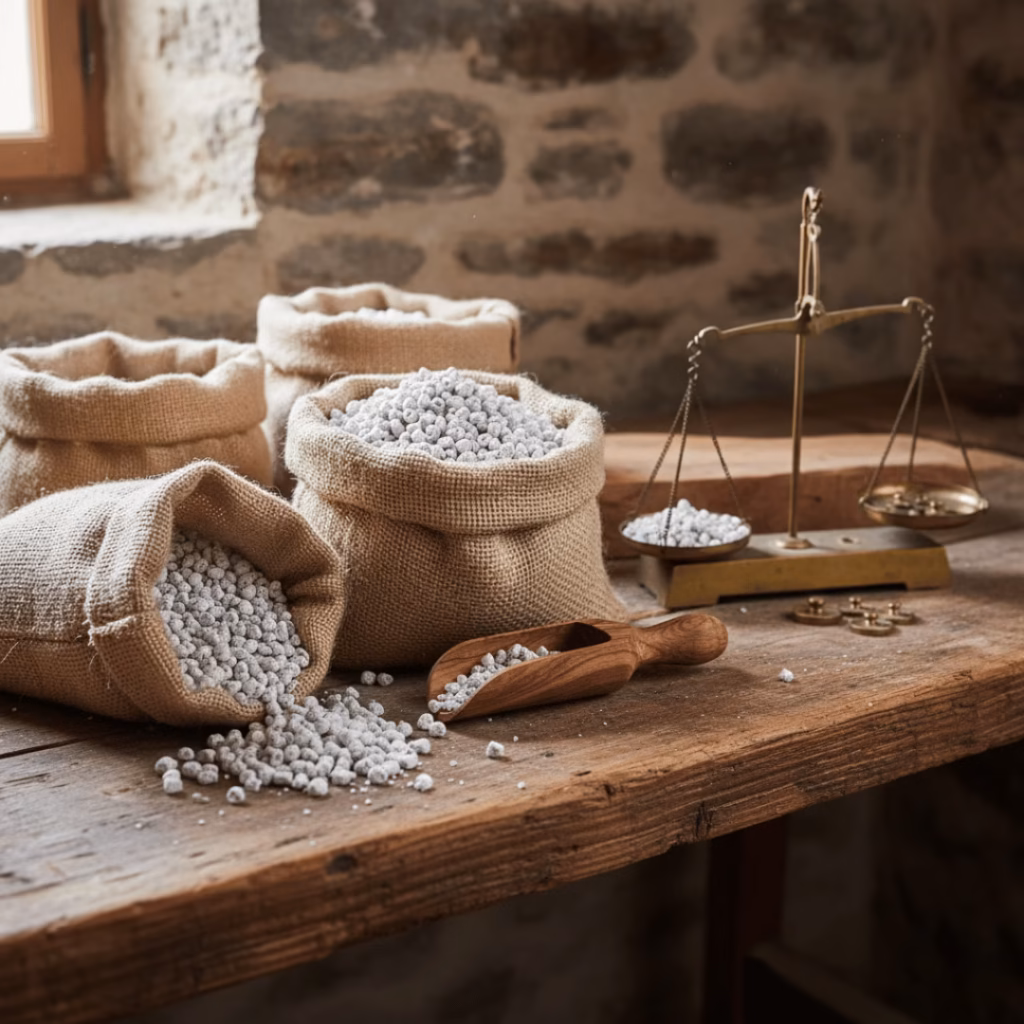 Hessian bags of different incense varieties on a wooden workbench with a wooden scoop and scale in a traditional stone-walled workshop.
