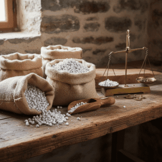 Hessian bags of different incense varieties on a wooden workbench with a wooden scoop and scale in a traditional stone-walled workshop.