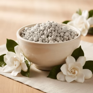 gardenia-athonite-incense-5 A white ceramic bowl of handcrafted Gardenia incense with fresh gardenia blossoms.
