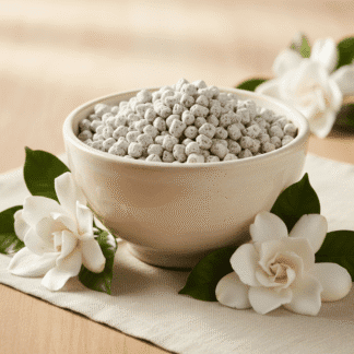 A white ceramic bowl of handcrafted Gardenia incense with fresh gardenia blossoms.