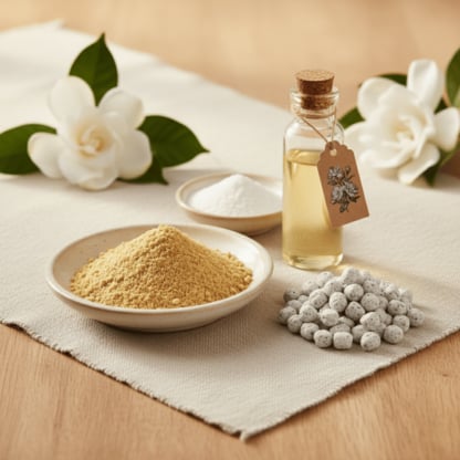 An authentic origin shot showing the ingredients of Gardenia incense: frankincense powder, magnesia, a vial of gardenia essential oil, and the finished incense, arranged with fresh gardenia flowers.