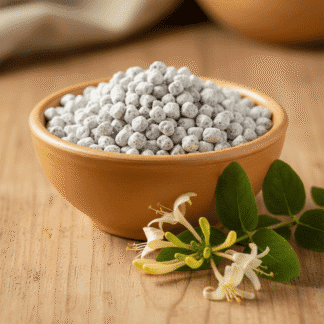 A terracotta bowl of Honeysuckle Incense rests on a light wooden surface. A single, fresh honeysuckle bloom rests next to the bowl.