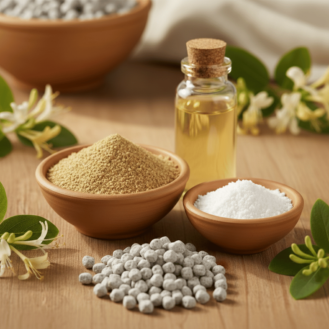 The ingredients of Honeysuckle Incense arranged beautifully along with finished pieces of the incense on a light wodden surface: A small terracotta bowl of frankincense powder, a smaller terracotta dish of magnesia powder, a beautiful vial of honeysuckle essential oil. Fresh honeysuckle flowers adorn the scene. A larger bowl of honeysuckle incense can be seen in the background.