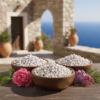 monk-symeons-curated-collection Three carefully chosen and prepared bowls of unique incense varieties arranged on a wooden bench outside a Greek monastery overlooking the sea.