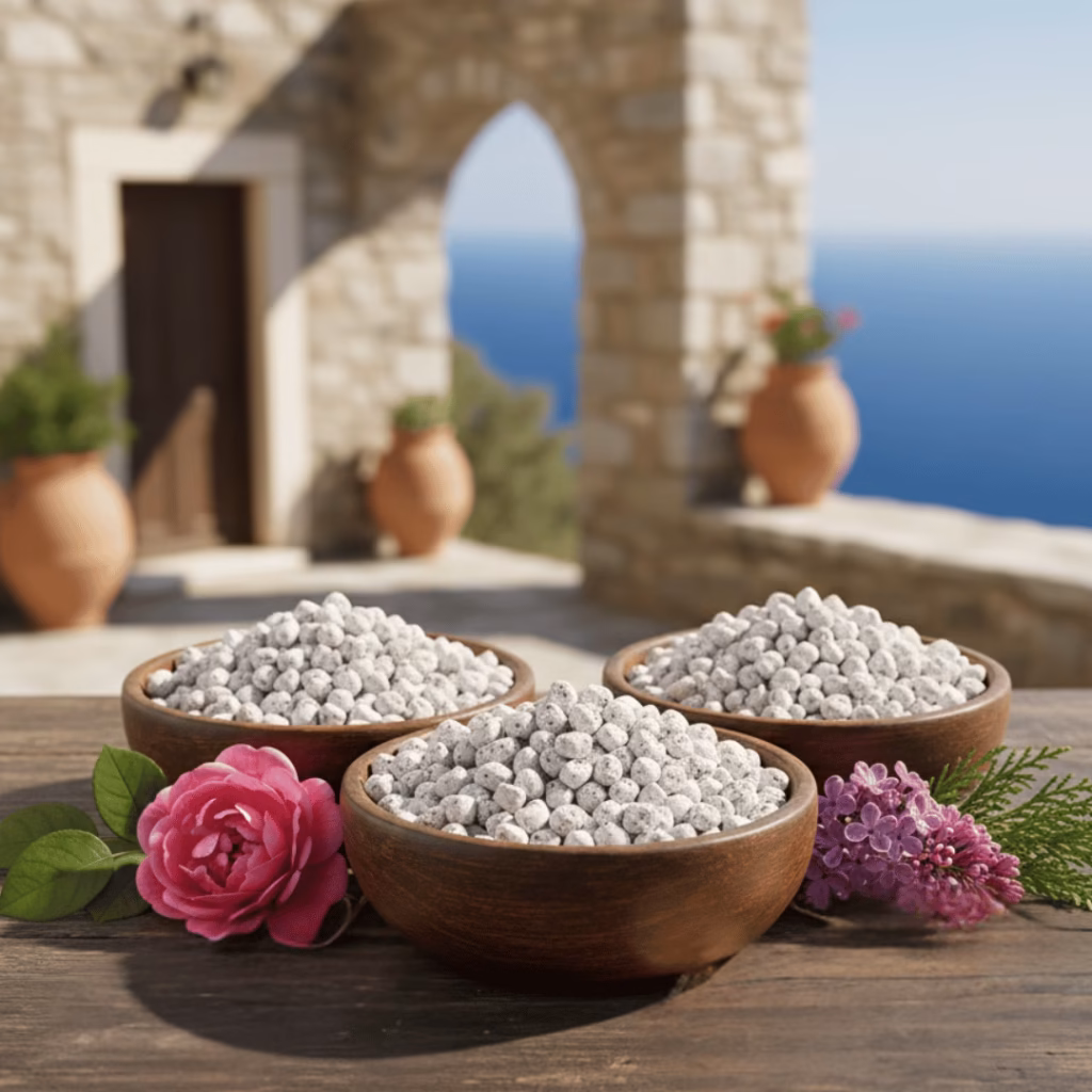 Three carefully chosen and prepared bowls of unique incense varieties arranged on a wooden bench outside a Greek monastery overlooking the sea.