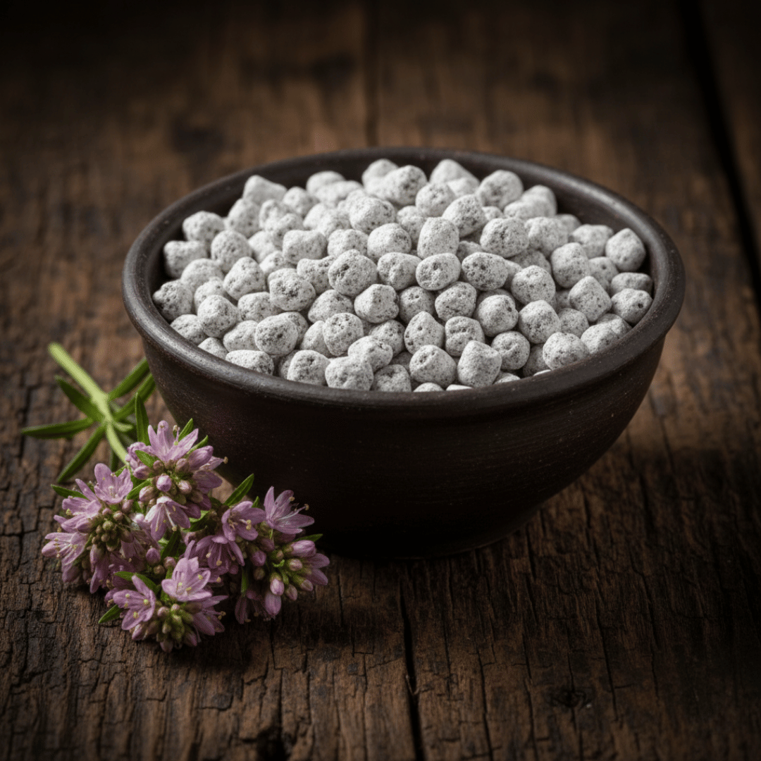 A dark earthenware bowl of handcrafted Nard incense, resting on cracked wood next to a fresh sprig of beautiful spikenard flowers.
