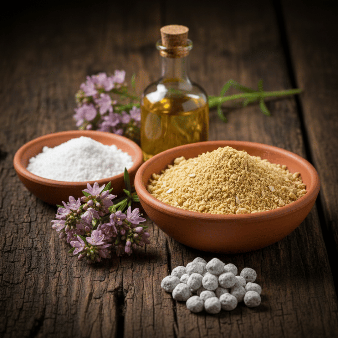 An authentic flat-lay showing the ingredients of Nard incense: frankincense powder, magnesia powder, nard essential oil, and the finished incense, arranged with beautiful, fresh spikenard flowers.