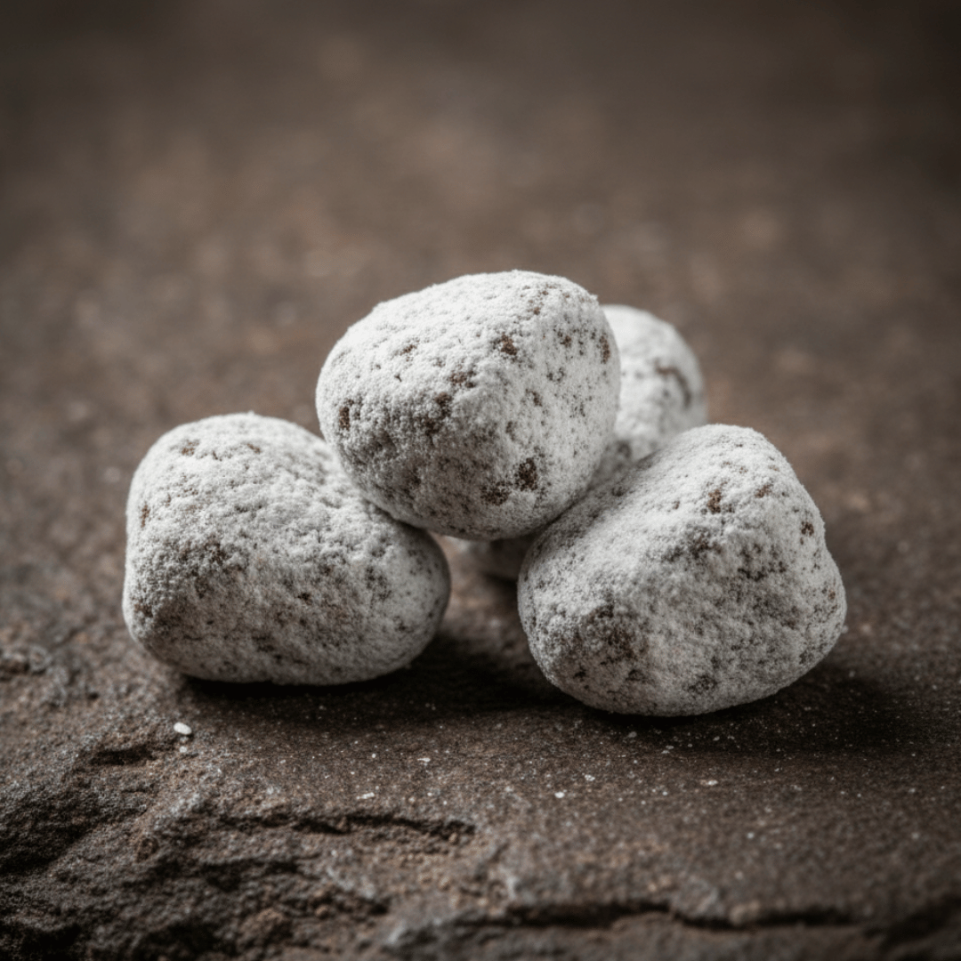 An extreme macro shot of hand-cut Nard incense pieces, showing the texture and magnesia coating on a rough, dark stone surface.