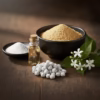 night-flower-incense-inspiration-5 The Ingredients of Night Flower Incense: Pure frankincense powder, night flower essential oil, and magnesia powder arranged on a dark wooden surface along with the finished Night Flower Incense and a sprig of fresh night flowers.