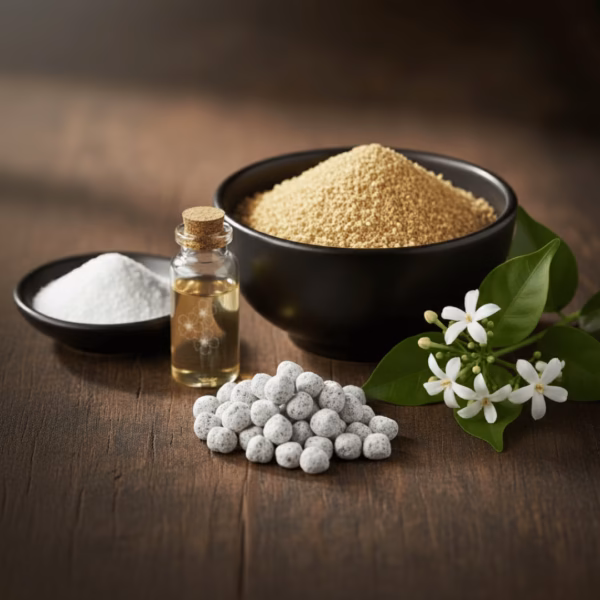 night-flower-incense-inspiration-5 The Ingredients of Night Flower Incense: Pure frankincense powder, night flower essential oil, and magnesia powder arranged on a dark wooden surface along with the finished Night Flower Incense and a sprig of fresh night flowers.