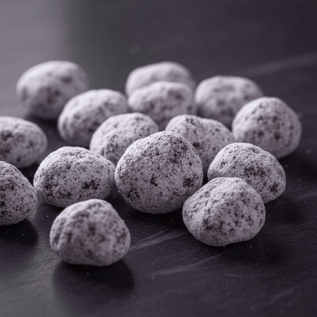A macro, close-up shot of hand-cut Night Flower incense pieces, showing their magnesia coating.