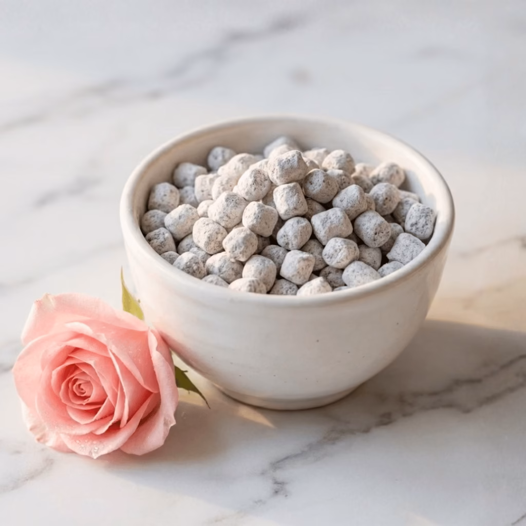 A white ceramic bowl of handcrafted Rose incense, with a beautiful, fresh, pink rose on a white marble surface.
