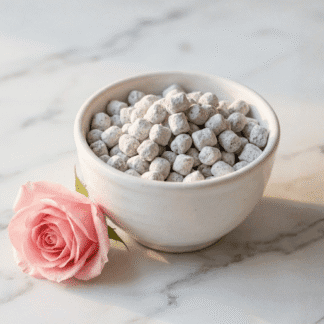 A white ceramic bowl of handcrafted Rose incense, with a beautiful, fresh, pink rose on a white marble surface.