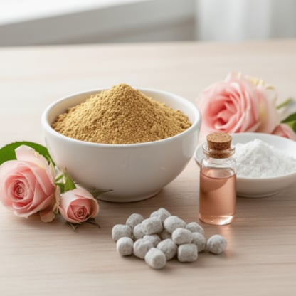 An authentic origin shot showing the ingredients of Rose incense: frankincense powder, magnesia, rose essential oil, and the finished incense, arranged with beautiful, fresh pink roses.