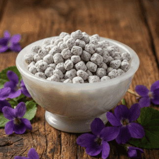 Violet Incense pieces in an ornate, milky-white glass bowl on a rustic wooden surface, surrounded by a handful of fresh violet flowers.