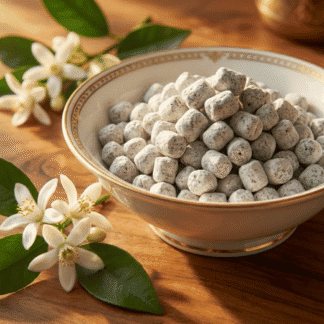 An elegant white porcelain bowl with gold rim holding handcrafted Orange Flower incense, next to fresh orange blossoms.