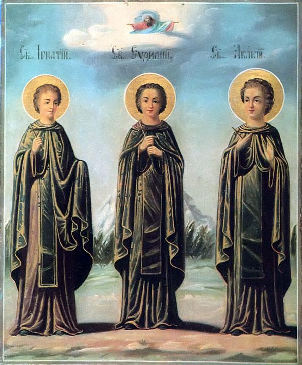 A Slavonic icon of the Holy New Martyrs Euthymios, Ignatios, and Akakios.