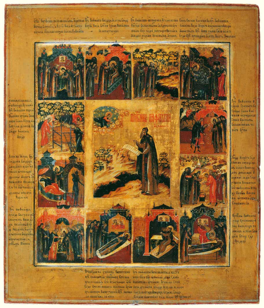 Icon depicting events from the life of St. Paphnutius of Borovsk.