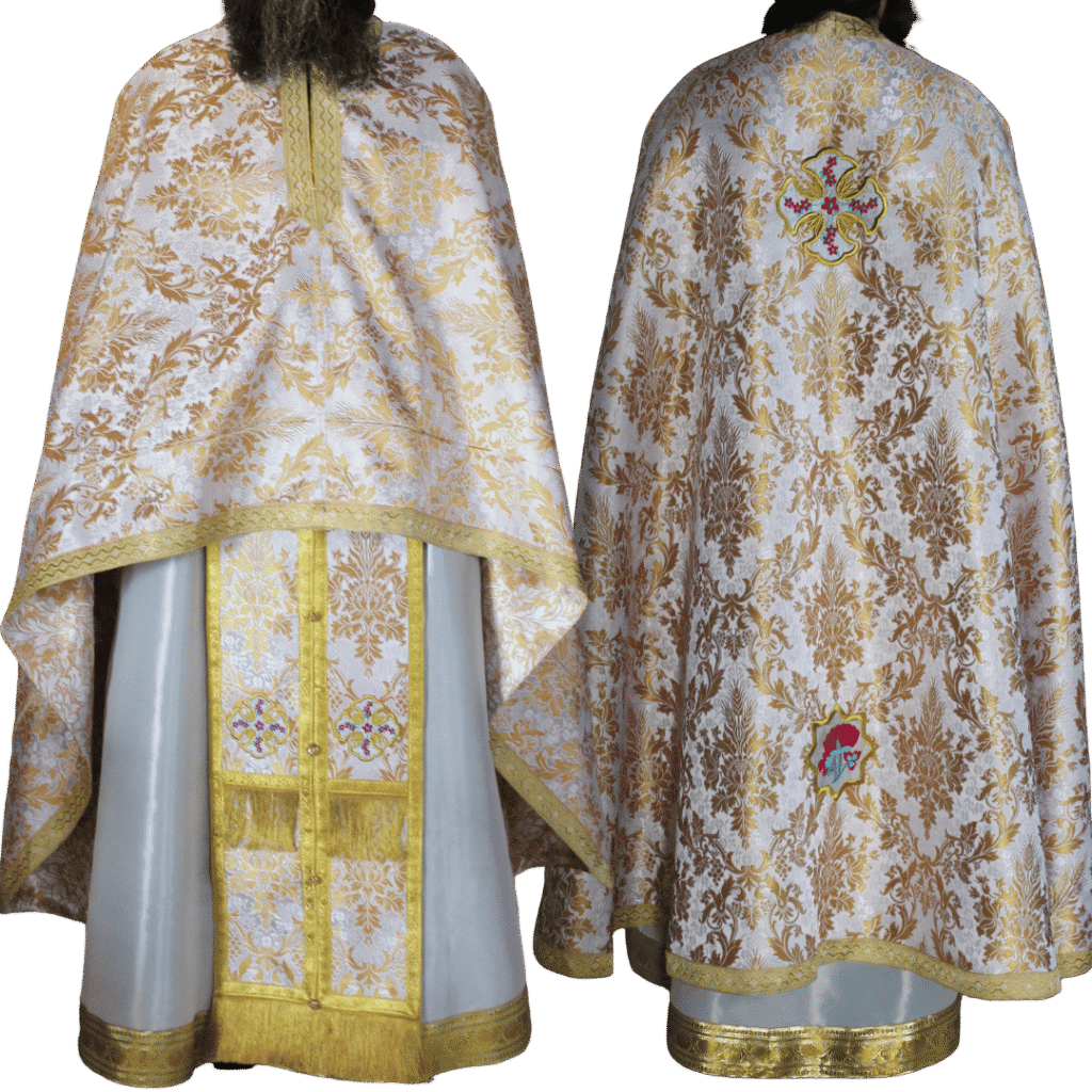 Front and rear views of a biege paschal set of Orthodox priest's vestments made at our monastery.