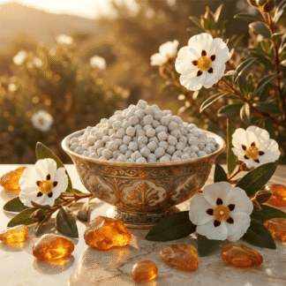 A beautiful bowl of Egyptian Amber Incense surrounded with amber pieces and fresh labdanum flowers sits on a polished stone table. In the background, labdanum trees can be seen.