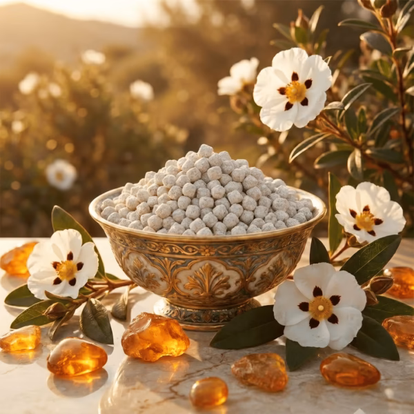 egyptian-amber-athonite-incense A beautiful bowl of Egyptian Amber Incense surrounded with amber pieces and fresh labdanum flowers sits on a polished stone table. In the background, labdanum trees can be seen.
