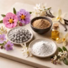 egyptian-amber-incense-inspiration The inspiration for Athonite Egyptian Amber Incense: Incense pieces, presented next to ground frankincense and magnesia powders, Egyptian Amber essential oil, and labdanum, benzoin, and vanilla flowers, along with some vanilla sticks.