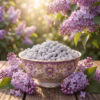 A beautiful, lilac design bowl of Parma Lilac Athonite Incense surrounded by fresh lilacs and lilac trees.