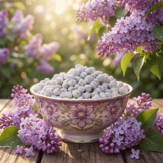 A beautiful, lilac design bowl of Parma Lilac Athonite Incense surrounded by fresh lilacs and lilac trees.