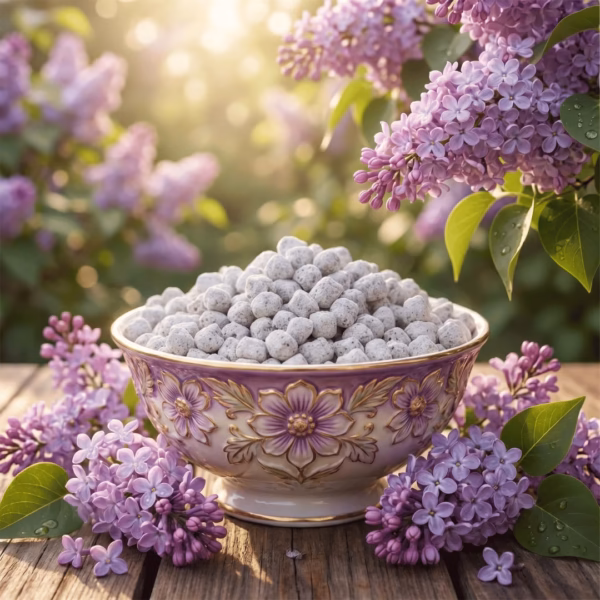 A beautiful, lilac design bowl of Parma Lilac Athonite Incense surrounded by fresh lilacs and lilac trees.