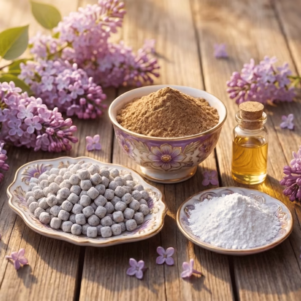 The inspiration for Parma Lilac Athonite Incense: Frankincense pweder, parma lilac essential oil, magnesia powder, and freash lilacs alongside a small plate of the finished incense.