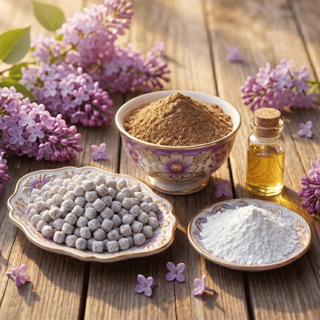 The inspiration for Parma Lilac Athonite Incense: Frankincense pweder, parma lilac essential oil, magnesia powder, and freash lilacs alongside a small plate of the finished incense.