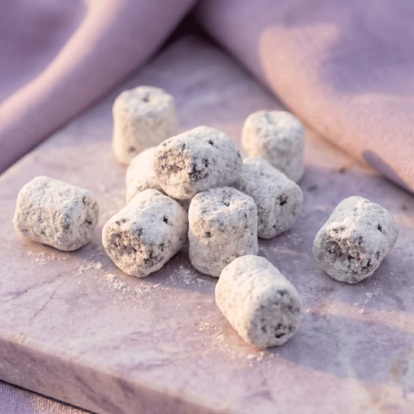 A close up shot of some pieces of Parma Lilac Incense arranged ona marble surface in front of lilac colored drapes.