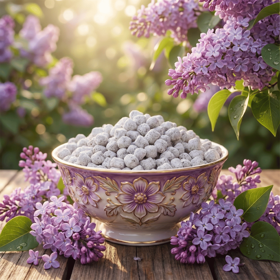 A beautiful, lilac design bowl of Parma Lilac Athonite Incense surrounded by fresh lilacs and lilac trees.