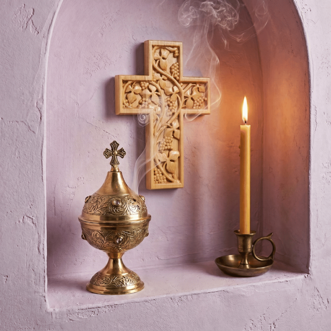 Parma Lilac Athonite Incense burning in front of an ornate wall cross next to a lit beeswax taper.