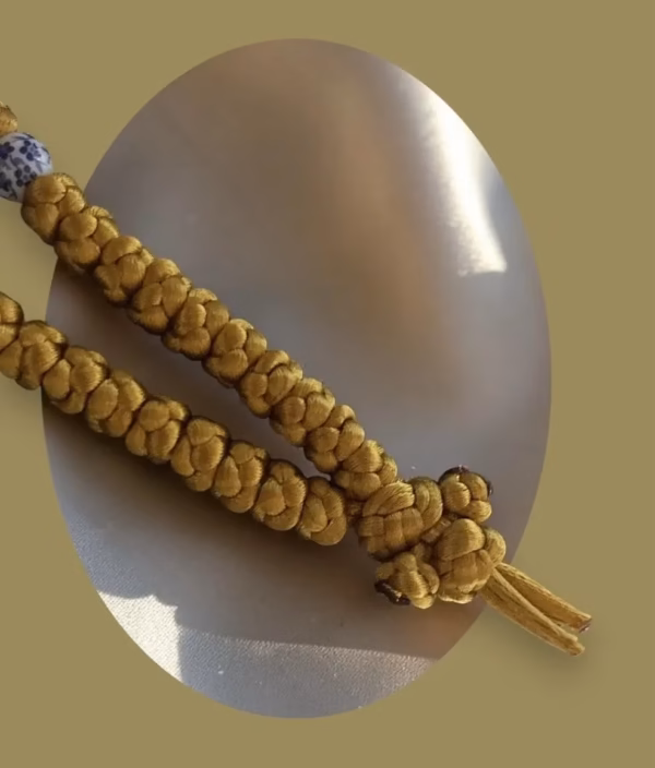 gold-50-knot-satin-prayer-rope-china-beads-4 Gold 50-Knot Satin Prayer Rope (Komboskini) with China Pattern Beads
